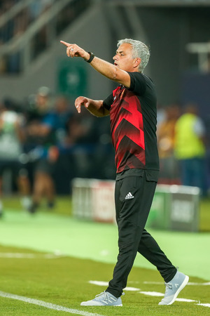 Skopje, FYROM - August 8,2017: Manchester United coach Jose Mourinho during the UEFA Super Cup Final match between Real Madrid and Manchester United at Philip II Arena in Skopjeのeditorial素材