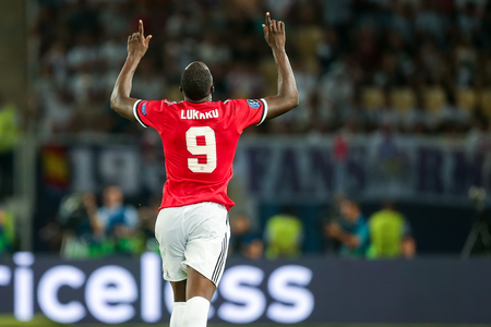 Skopje, FYROM - August 8,2017: Manchester United Romelu Lukaku during the UEFA Super Cup Final match between Real Madrid and Manchester United at Philip II Arena in Skopjeのeditorial素材