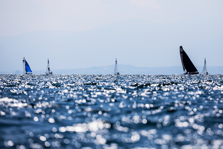 Thessaloniki, Greece - August 30, 2017: Athletes yachts in action during "2017 Tornado Open World, Global Mixed and Youth championships"のeditorial素材