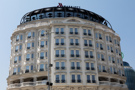 Skopje, FYROM - August 8, 2017: City center of Skopje, is the capital city of the country, FYROM. Ît is the country's political, cultural, economic, and academic center. New hotel Marriottのeditorial素材