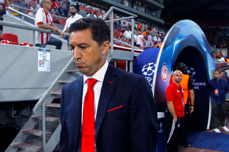 Piraeus, Greece - Sempteber 12, 2017: Coach of Olympiacos  Besnik Hasi during the UEFA Champions League game between Olympiacos vs Sporting CP at Georgios Karaiskakis stadiumのeditorial素材
