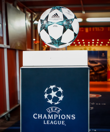 Piraeus, Greece - Sempteber 12, 2017: The ball of the Champions League on a pedestal close-up during the UEFA Champions League game between Olympiacos vs Sporting CP at Georgios Karaiskakis stadiumのeditorial素材