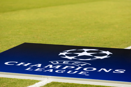 Nicosia, Cyprus - Semptember 26, 2017: UEFA Champions League Logo on racetrack before the UEFA...