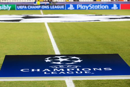 Nicosia, Cyprus - Semptember 26, 2017: UEFA Champions League Logo on racetrack before the UEFA Champions League game between APOEL VS Tottenham Hotspur