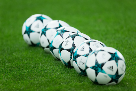 Piraeus, Greece - October 31, 2017: Champions League football balls in the field before the match of the UEFA Champions League game between Olympiacos vs FC Barcelona at Georgios Karaiskakis stadiumのeditorial素材