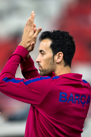 Piraeus, Greece - October 31, 2017: Player of Barcelona Sergio Busquets in action during the UEFA Champions League game between Olympiacos vs FC Barcelona at Georgios Karaiskakis stadiumのeditorial素材