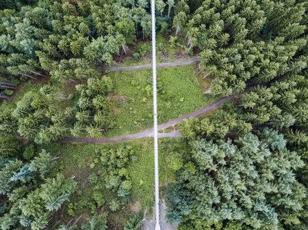 aerial view Germany's longest rope suspension bridge 300 feet above a canyon floor Geierley. It is...