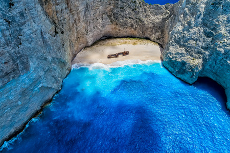 Aerial view of Navagio (Shipwreck) Beach in Zakynthos island, Greece. Navagio Beach is a popular...