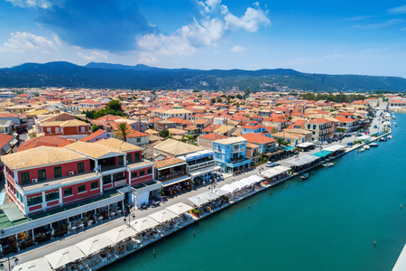 Lefkava, Greece, July 16, 2017: Aerial view of Lefkada town, Lefkada island, Greeceのeditorial素材