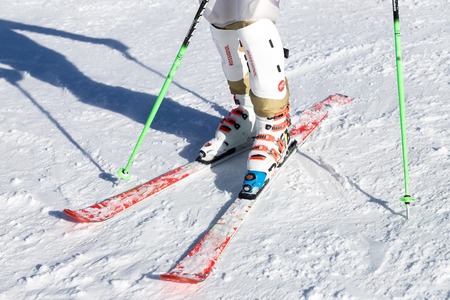 Vasilitsa, Greece - January 5, 2018: Skiers enjoy the snow at Ski Resort Vasilitsa in the mountain range of Pindos, in Greece. The ski resorts currently has 5 lifts and 16 ski trailsのeditorial素材