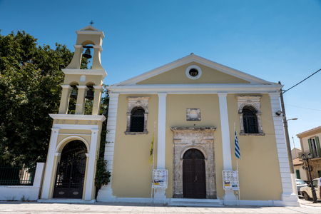 Lefkada, Greece - July 14, 2017: Street view with colorful old houses in Levkas city on Lefkada island in Greeceのeditorial素材