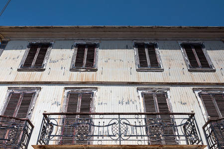 Lefkada, Greece - July 14, 2017: Street view with colorful old houses in Levkas city on Lefkada island in Greeceのeditorial素材