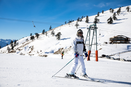 Vasilitsa, Greece - January 5, 2018: Skiers enjoy the snow at Ski Resort Vasilitsa in the mountain range of Pindos, in Greece. The ski resorts currently has 5 lifts and 16 ski trailsのeditorial素材