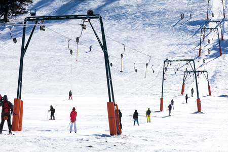 Vasilitsa, Greece - January 5, 2018: Skiers enjoy the snow at Ski Resort Vasilitsa in the mountain...