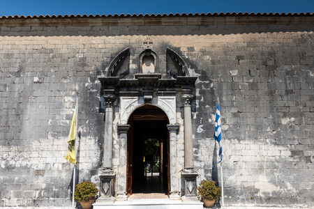 Lefkada, Greece - July 14, 2017: Street view with colorful old houses in Levkas city on Lefkada island in Greeceのeditorial素材