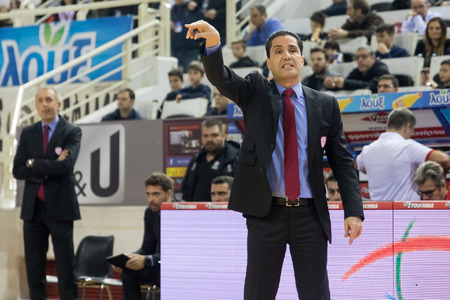 Thessaloniki, Greece, January 7, 2018: The coach of Olympiacos Ioannis Sfairopoulos in action during the Greek Basket League game Paok vs Olympiacos in Paok Sports Arena Stadiumのeditorial素材