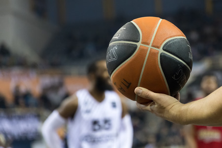 Thessaloniki, Greece, January 7, 2018: The ball is on the basketball court during the Greek Basket League game Paok vs Olympiacos in Paok Sports Arena Stadiumのeditorial素材