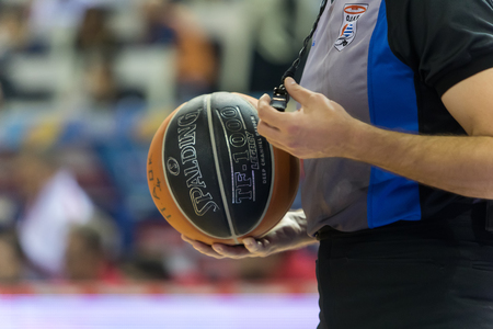 Thessaloniki, Greece, January 7, 2018: The ball is on the basketball court during the Greek Basket League game Paok vs Olympiacos in Paok Sports Arena Stadiumのeditorial素材