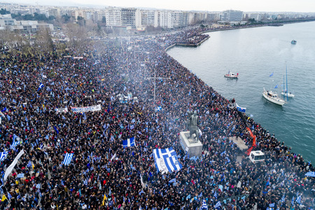 Thessaloniki, Greece - January 21, 2018:Thousands of people protest against any Greek compromise on the name dispute with the FYROM in Thessaloniki, Greeceのeditorial素材