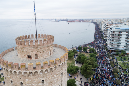 Thessaloniki, Greece - January 21, 2018:Thousands of people protest against any Greek compromise on the name dispute with the FYROM in Thessaloniki, Greeceのeditorial素材