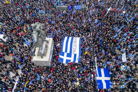 Thessaloniki, Greece - January 21, 2018:Thousands of people protest against any Greek compromise on the name dispute with the FYROM in Thessaloniki, Greeceのeditorial素材