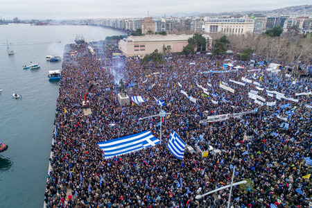 Thessaloniki, Greece - January 21, 2018:Thousands of people protest against any Greek compromise on the name dispute with the FYROM in Thessaloniki, Greeceのeditorial素材