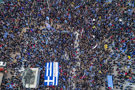 Thessaloniki, Greece - January 21, 2018:Thousands of people protest against any Greek compromise on the name dispute with the FYROM in Thessaloniki, Greeceのeditorial素材