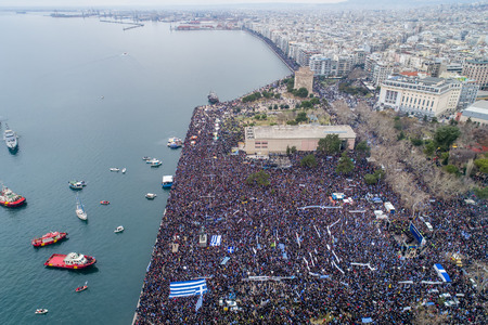 Thessaloniki, Greece - January 21, 2018:Thousands of people protest against any Greek compromise on the name dispute with the FYROM in Thessaloniki, Greeceのeditorial素材