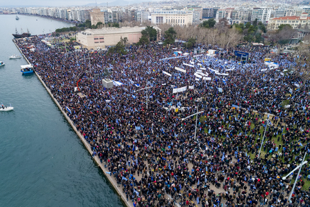 Thessaloniki, Greece - January 21, 2018:Thousands of people protest against any Greek compromise on the name dispute with the FYROM in Thessaloniki, Greeceのeditorial素材