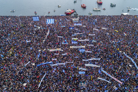 Thessaloniki, Greece - January 21, 2018:Thousands of people protest against any Greek compromise on the name dispute with the FYROM in Thessaloniki, Greeceのeditorial素材