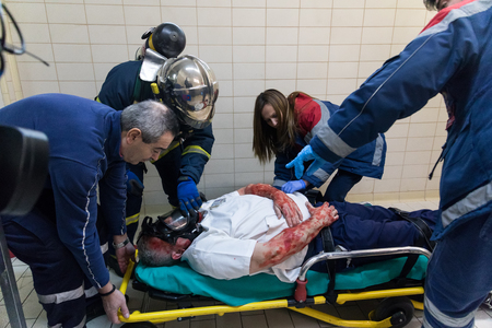 Thessaloniki, Greece - Feb 16, 2018: Salvation crews evacuate patients and injured in hospital AXEPA during exercise for earthquakeのeditorial素材
