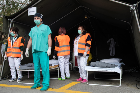 Thessaloniki, Greece - Feb 16, 2018: Doctor during an earthquake exercise at the AHEPA hospitalのeditorial素材