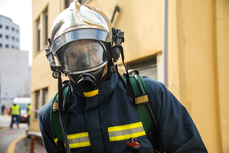 Thessaloniki, Greece - Feb 16, 2018: Firefighters during an earthquake exercise at the AXEPA hospitalのeditorial素材