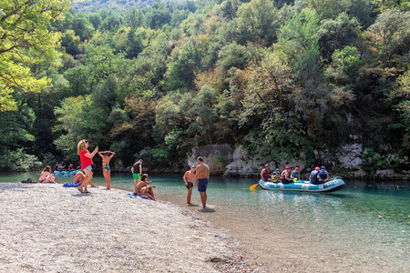 Zagori, Epirus, Greece - August 20, 2017: Adventure team doing rafting on the cold waters of the Voidomatis River in Zagori. Voidomatis river is one of the most popular among rafters in Greeceのeditorial素材
