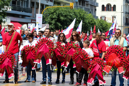 Thessaloniki, Greece - MAY 8, 2016: Citizens and representatives of various organizations take part in May day parade to celebrate the international Workers' Day. International Workers' Day is a celebration of labour and the working classes.のeditorial素材