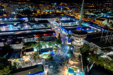 Thessaloniki, Greece â Sept 17, 2017: Aerial view of the tower of OTE and the international exhibition of Thessaloniki that is being held each year with thousands of visitors from all over the worldのeditorial素材