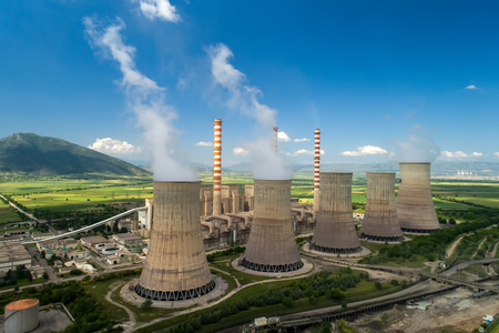 Aerial view the plant producing electrical energy with large pipes at Kozani in northern Greece.の写真素材