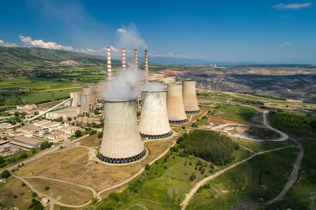 Aerial view the plant producing electrical energy with large pipes at Kozani in northern Greece.の写真素材