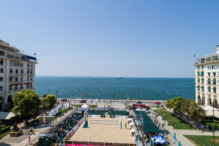 Thessaloniki - Greece June 9, 2018: aerial view of the stadium during the Hellenic championship Beach Volley Masters 2018 at Aristotelous square. Aerial shotのeditorial素材
