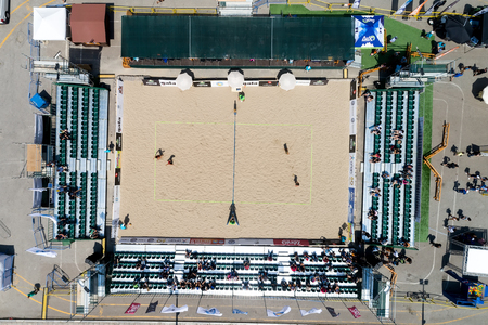 Thessaloniki - Greece June 9, 2018: aerial view of the stadium during the Hellenic championship Beach Volley Masters 2018 at Aristotelous square. Aerial shotのeditorial素材