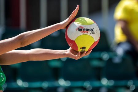 Thessaloniki - Greece June 8, 2018: Close-up on a hand holding the volley ball during the Hellenic championship Beach Volley Masters 2018 at Aristotelous squareのeditorial素材