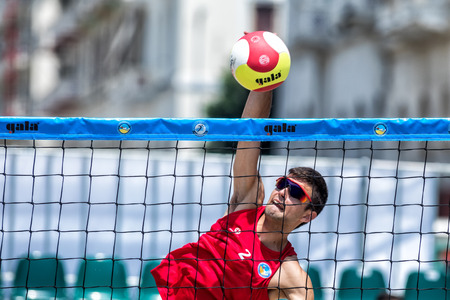 Thessaloniki - Greece June 8, 2018: Undefined player in action during the Hellenic championship Beach Volley Masters 2018 at Aristotelous square.のeditorial素材