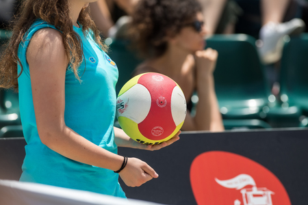 Thessaloniki - Greece June 8, 2018: Close-up on a hand holding the volley ball during the Hellenic championship Beach Volley Masters 2018 at Aristotelous squareのeditorial素材