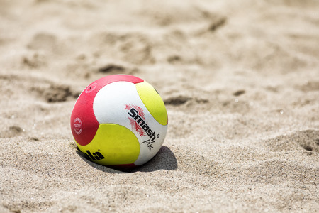 Thessaloniki - Greece June 8, 2018: Close-up the beach volley ball during the Hellenic championship Beach Volley Masters 2018 at Aristotelous squareのeditorial素材