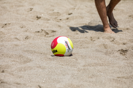 Thessaloniki - Greece June 8, 2018: Close-up the beach volley ball during the Hellenic championship Beach Volley Masters 2018 at Aristotelous squareのeditorial素材