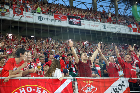 Moscow, Russia - August 14, 2018: Spartak fans celebrating for their team during the UEFA Champions League Third qualifying round , between FC Spartak vs PAOK at Otkritie Arenaのeditorial素材