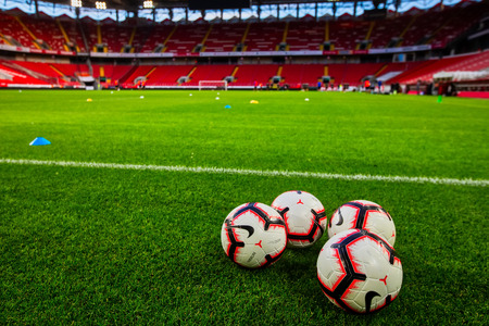 Moscow, Russia - August 13, 2018: balls on the empty field Otkritie Arena before the UEFA Champions League Third qualifying round , between FC Spartak vs PAOKのeditorial素材