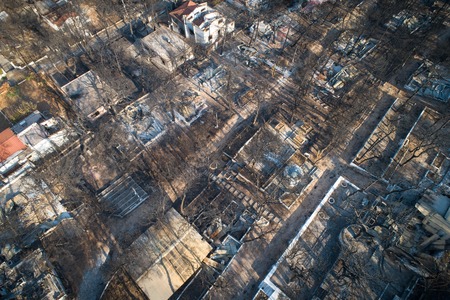 Mati, Athens - July 26, 2018: Aerial view shows a burnt area following a wildfire in the village of Mati, near Athens. Wildfires occurred on the 23 of July , left for the moment 92 people dead.のeditorial素材