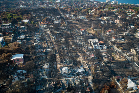 Mati, Athens - July 26, 2018: Aerial view shows a burnt area following a wildfire in the village of Mati, near Athens. Wildfires occurred on the 23 of July , left for the moment 92 people dead.のeditorial素材