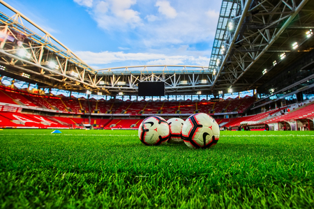 Moscow, Russia - August 13, 2018: balls on the empty field Otkritie Arena before the UEFA Champions League Third qualifying round , between FC Spartak vs PAOKのeditorial素材